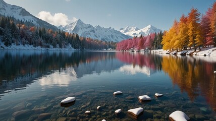 Landscape photograph featuring a serene lake surrounded by a mix of evergreen and deciduous trees in vibrant autumn colors, including shades of red, orange, and yellow. Snow-capped mountains 