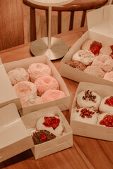 a treat of sweet delicious doughnut in sunny day at the cake shop