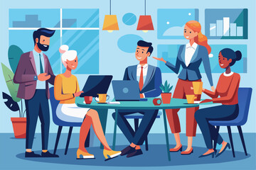 A group of business people engage in a collaborative strategy meeting at a round table in a contemporary office environment