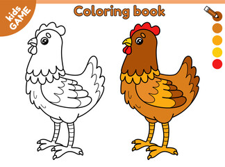Page of kids coloring book with cartoon chicken. Color the outline picture. Cute hen. Educational activity book for preschool and kindergarten children. Vector baby contour illustration of farm bird.