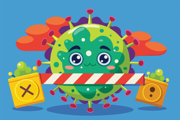 Fototapeta premium A playful cartoon illustrating a coronavirus character blocking a border with caution signs and vibrant backgrounds, highlighting the impact of health measures
