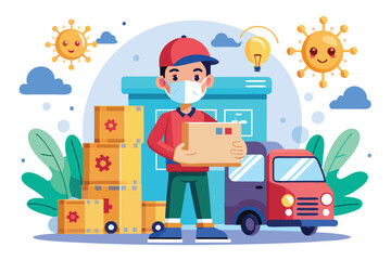 A delivery person wearing a mask holds a package outside a building, showcasing a customizable cart amidst a backdrop of sunny weather and preventive measures