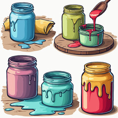 A set of pictures, paint pouring from a jar, liquid, cartoon vector illustration