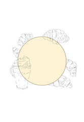 Coffee with ice cream and foam in a glass cup with a handle together with croissants on a round beige background mockup template for use in advertising and printing: label, flyer, poster, brochure, ba