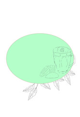 Faceted glass with cappuccino along with madeleine cookies and plant branches on mint colored oval background mockup template with graphics for use in advertising printing: flyers, posters, labels