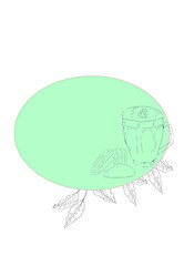 Faceted glass with cappuccino along with madeleine cookies and plant branches on mint colored oval background mockup template with graphics for use in advertising printing: flyers, posters, labels