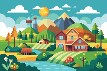 Obraz premium A picturesque countryside with colorful houses, green rolling hills, a flowing river, and distant mountains bathed in sunlight, creating a serene rural atmosphere