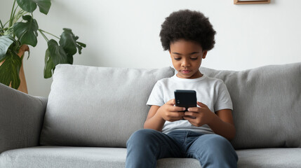Cute Child Sitting on Sofa Using Smartphone for Technology and Modern Childhood Photography Themes