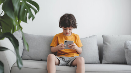 Cute Child Sitting on Sofa Using Smartphone for Technology and Modern Childhood Photography Themes