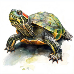 Fototapeta premium Red-eared slider turtle depicted in a watercolor painting isolated on a clean white background.