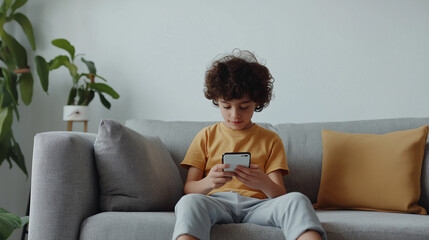 Cute Child Sitting on Sofa Using Smartphone for Technology and Modern Childhood Photography Themes