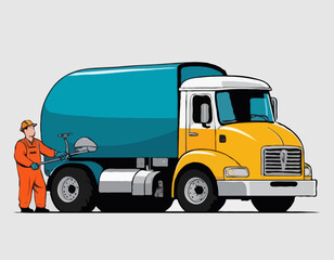 Cartoon funny looking cistern truck street cleaner with worker on white background 
