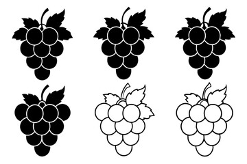 set of grapes with leaves vector illustration, silhouette, logo icon and line art Bundle files