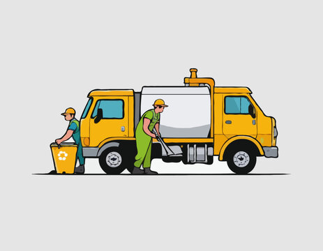 recommend clip art: Cartoon funny looking cistern truck street cleaner with worker on white background 