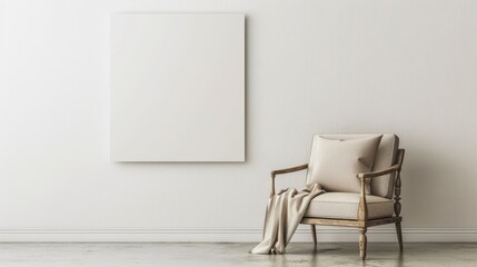 Blank canvas and cozy beige armchair in modern interior with white wall.