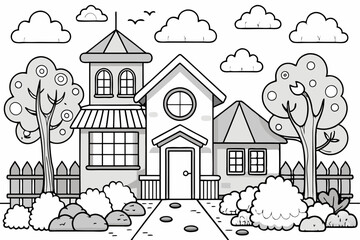 : Coloring page book for kids - house vector illustration