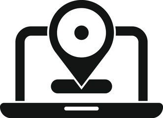 Black and white icon of a location pin appearing from a laptop screen, representing the concept of delivery tracking and online order following