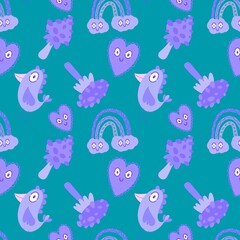 Cartoon doodle seamless mushrooms and birds and clouds and hearts pattern