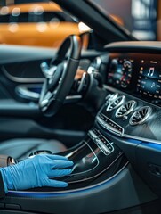 Obraz premium A detailer in blue gloves works diligently to clean and polish the dashboard and console of a luxury car inside an auto service area. Generative AI