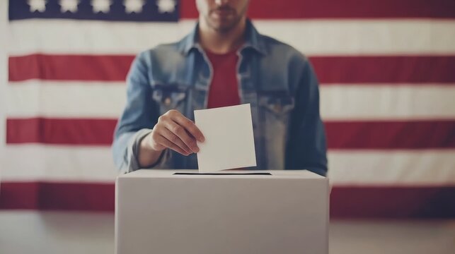Close-up of a man's hand placing a ballot into a voting box with the American flag in the background. Ideal for election promotions, civic engagement, or democracy-related content.