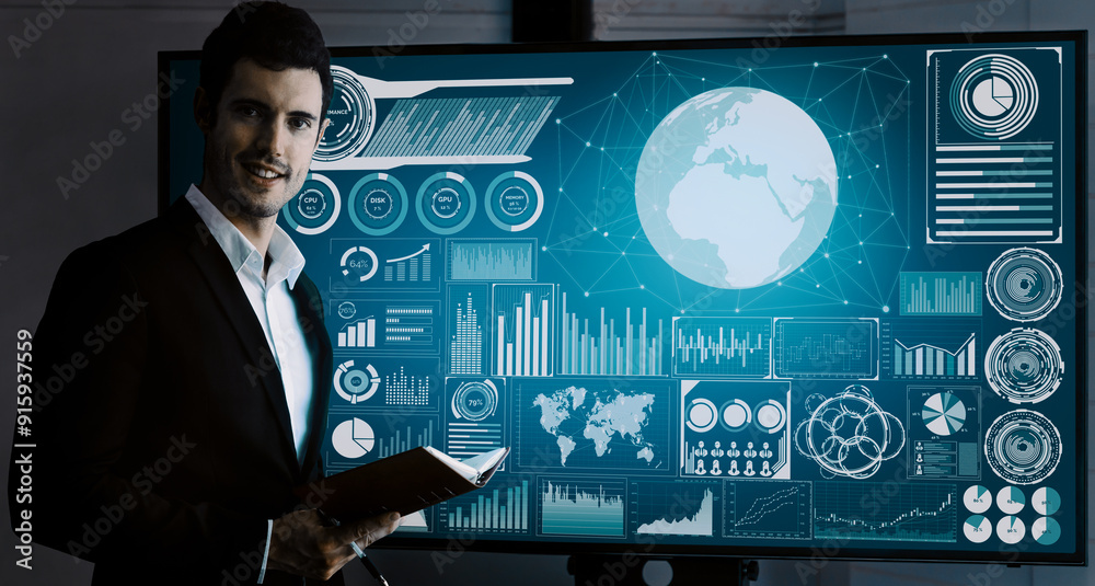 Poster data analysis for business and finance concept. interface showing future computer technology of prof