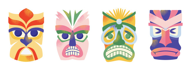 Set of tiki masks. Cartoon ceremonial tiki totem masks, Wooden Totems, Ornamental Hawaiian Mask, Fantasy African Mask Sculpture. Vector illustrations Ethnic tribal ritual masks isolated on background