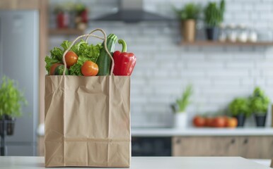 Fresh Organic Vegetables in Cardboard Bag on Kitchen Table. Front View 16:9 Aspect Ratio, Version 6.
