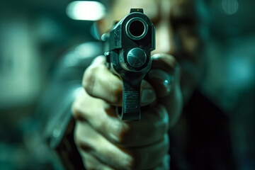Naklejka premium Close-Up Portrait of Man Aiming Pistol in Indoor Shooting Range at Dusk