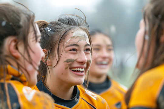 Cheerful Girls Rugby Team Celebrates Their Victory in a Rainy Match Outdoors