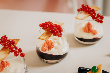 Dessert buffet with delicious sweet bakery and coffee-snack with stylish banks of lemonade and tea