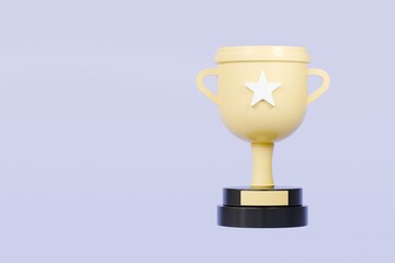 3d Trophy cup winner success champion icon symbol on isolated purple background. Achievement award, champion 1st winner award concept. Minimal Gold Trophy victory cup award. 3d render.