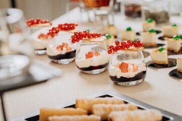 Dessert buffet with delicious sweet bakery and coffee-snack with stylish banks of lemonade and tea