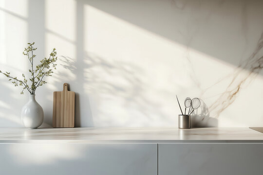 Cozinha minimalista iluminada pela luz do sol, com decora&ccedil;&atilde;o simples e elegante, destacando utens&iacute;lios e vasos modernos sobre uma bancada de m&aacute;rmore, renderizado por IA generativa.
