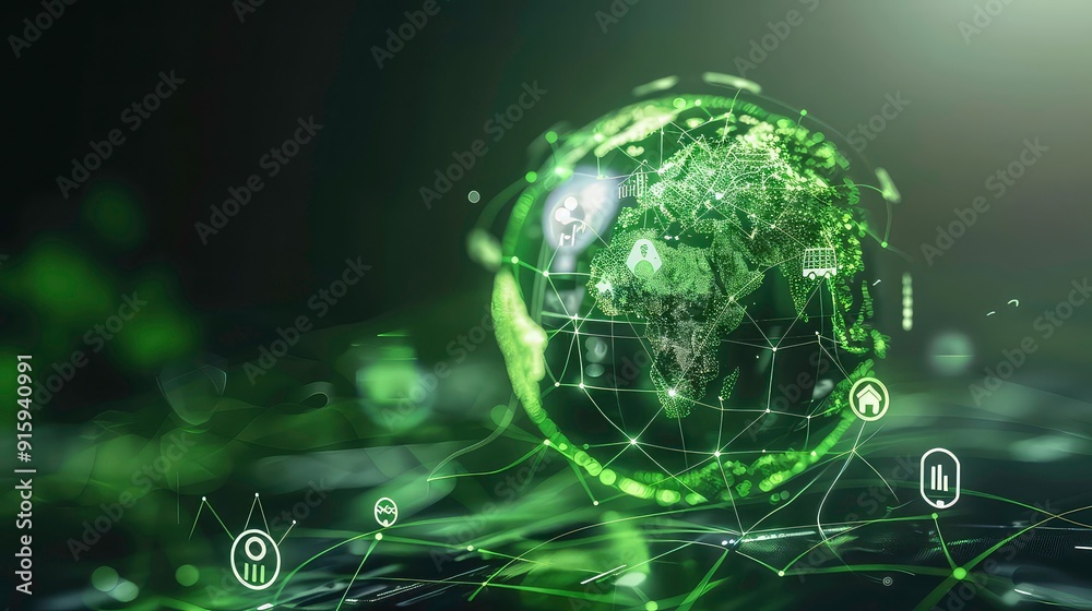 Wall mural a glowing green globe representing the world, surrounded by a network of lines and dots. it includes
