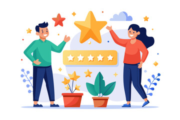 Reaching for the Stars: A cheerful duo celebrates top-notch service and customer satisfaction, surrounded by glowing five-star ratings and blooming plants, symbolizing growth and success. 