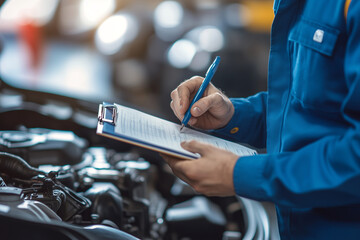 Car Mechanic in Blue Uniform Writing on Clipboard During Vehicle Inspection