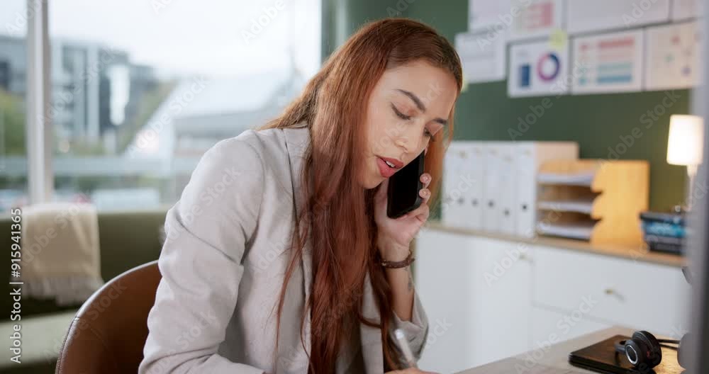 Sticker Business woman, phone call and writing with book for reminder, schedule or information at office. Young female person, consultant or agent talking on mobile smartphone and taking notes at workplace