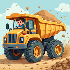 Fototapeta premium Vibrant Vector Artwork of Kids Engaging with a Construction Dump Truck Carrying Soil, Fun Outdoor Activity Scene