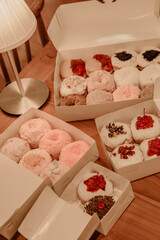 a treat of sweet delicious doughnut in sunny day at the cake shop