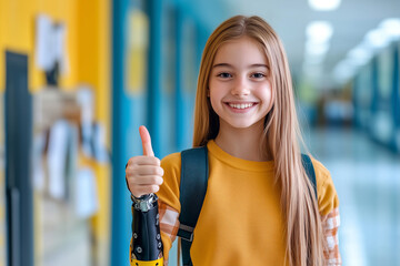 Smiling School Girl with Robotic Arm Giving Thumbs Up in Hallway