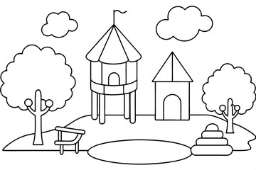  Coloring page book for kids - a children park, vector art illustration