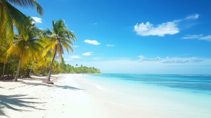 Obraz premium View of the white sand beach and azure water. Caribbean paradise
