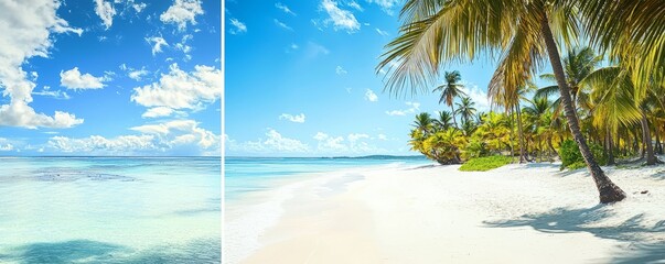 Obraz premium View of the white sand beach and azure water. Caribbean paradise
