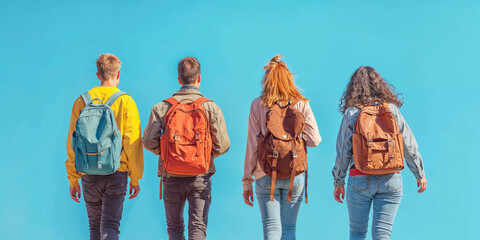 Students walking together with backpacks against a clear blue background, ready for a new school year. Back to school banner 