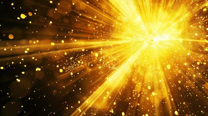 Obraz premium A bright, golden light shines from the center of the image, radiating out in beams and surrounded by shimmering particles.