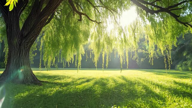 sunlit through willow tree branch beautiful nature landscape, calm peaceful summer scenery of green grass and big tree