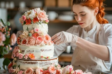 Pastry Chef Decorating Floral Wedding Cake