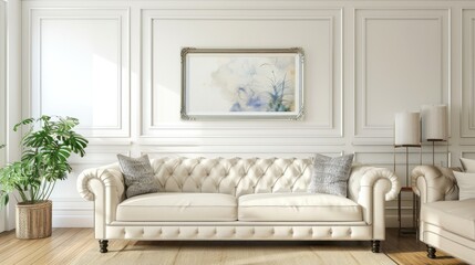 Beige sofa by white wall with molding and watercolor artwork in cozy living room