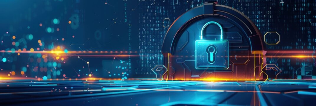 Computer Security Day. Padlock at the entrance to the server room. Secure internet connection. Cybersecurity and privacy concepts to protect data. Safe information exchange and data storage concept