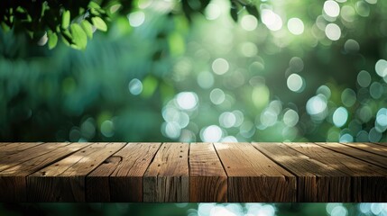 Wooden table surface with blurred green backdrop suitable for product showcasing or montage